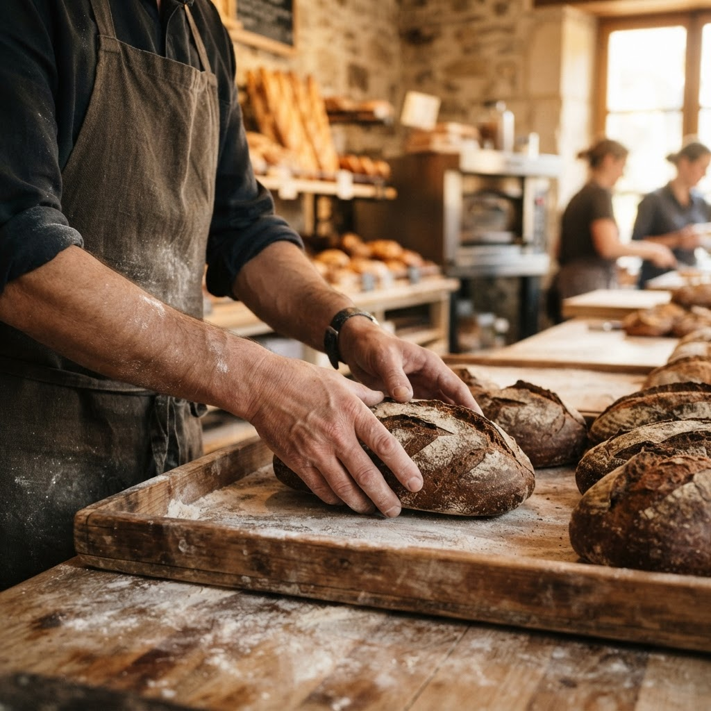 A shop owner's hands arranging fresh bread on a wooden tray