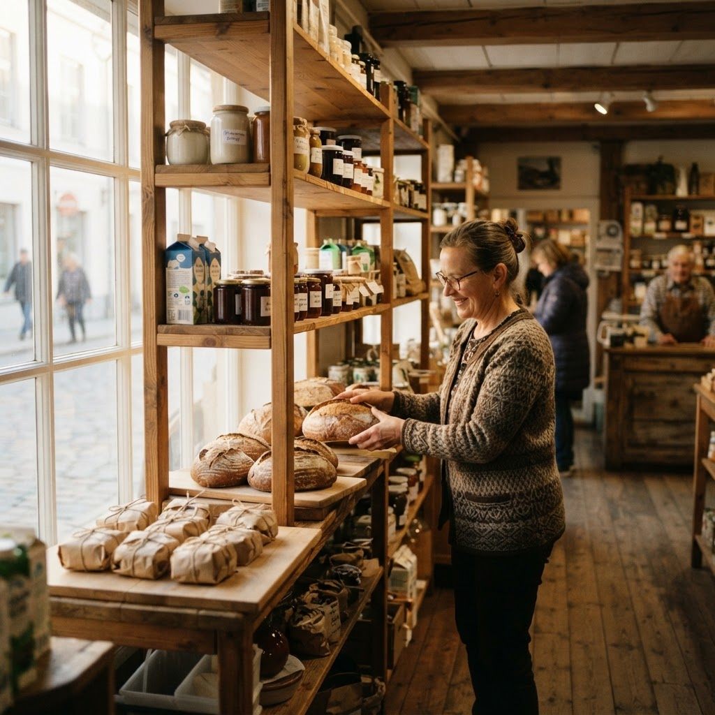 Väikese toidupoe puidust riiul leiva, purkide ja piimatoodetega